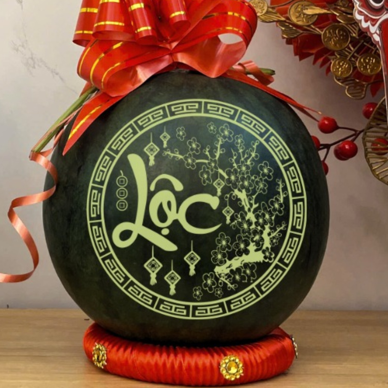 dua hau khac chu 10 Mẫu khắc chữ thư pháp Lộc trên dưa hấu